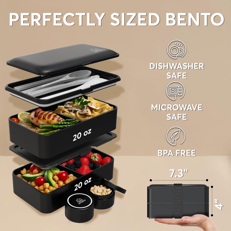 Umami Bento Box Adult All-In-1 w/4 Utensils, 2 Sauce Jar, 2 Dividers, 100% Leakproof, Microwave & Dishwasher Safe, Stackable Bento Lunch Box Containers for Men/Women, Matte Black, 40 oz - Image 5